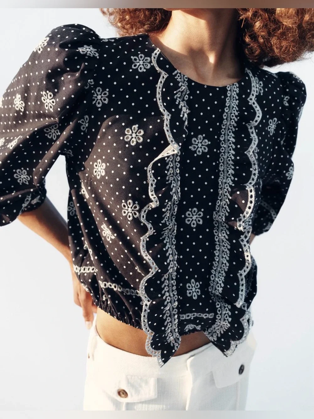 Zara Navy Blue Blouse with White Embroidered Polka & Floral Detail